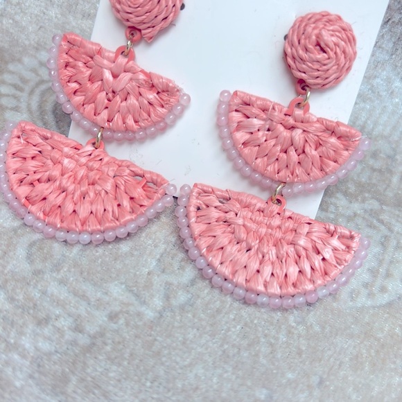 Brand New On 34th Woven Coral Pink Drop Earrings & Beaded Rhinestone Bracelet - Picture 7 of 13